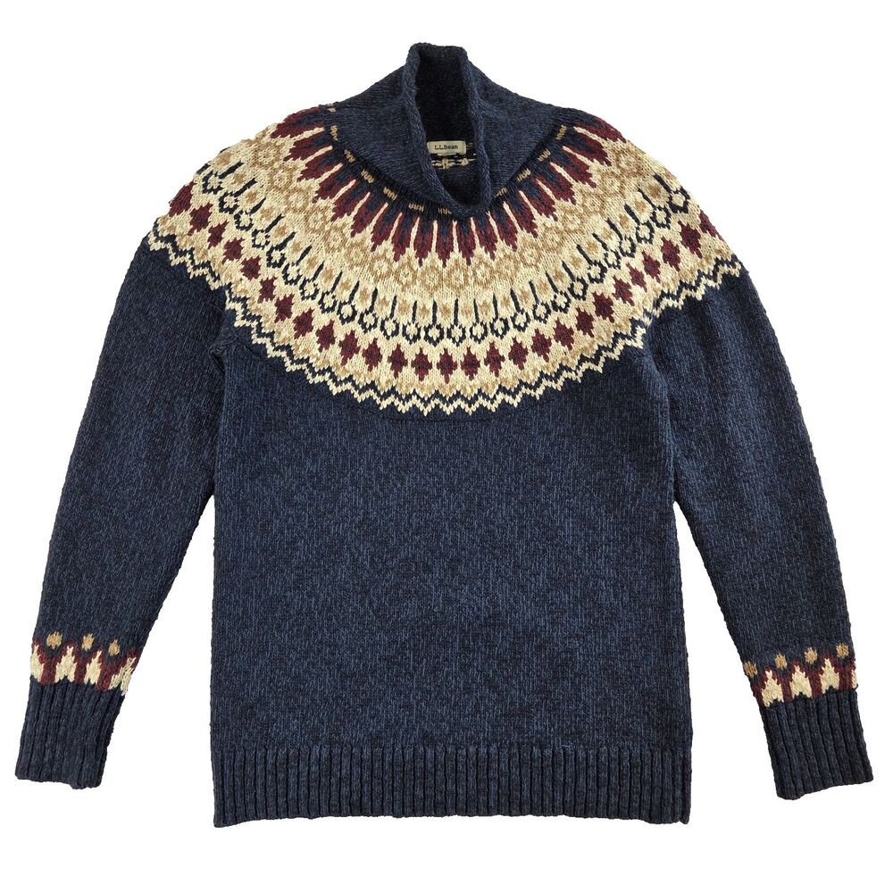 LL Bean High Neck Nordic Fair Isle Chunky Knit Sweater S Blue Outdoors